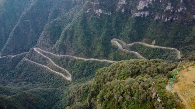Aerial shot of scenic mountain road in Serra do Rio do Rastro, Santa Catarina, Brazil