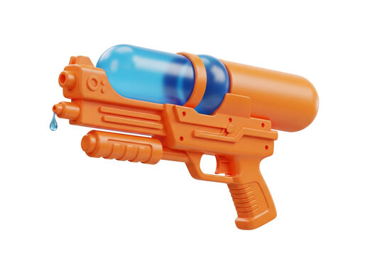 Bright orange plastic toy water gun with transparent blue water reservoir isolated on transparent background
