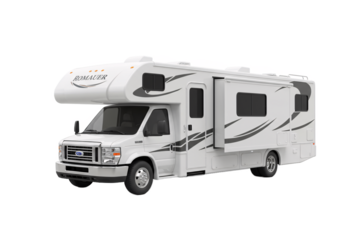 Modern white class c motorhome rv vehicle for travel and camping adventures isolated on transparent background