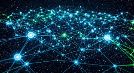 Fototapeta premium Abstract digital network visualization with glowing nodes and interconnected lines representing data flow