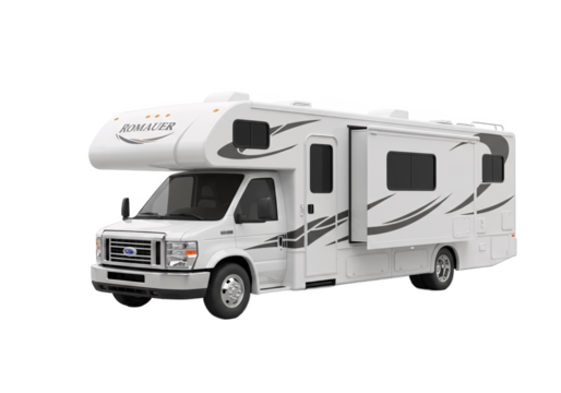 Modern white class c motorhome rv vehicle for travel and camping adventures isolated on transparent background