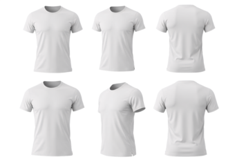 Collection of six realistic white blank t shirts displayed from different angles on a transparent background for design mockups isolated on transparent background