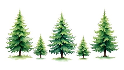 Obraz premium Watercolor forest plant set featuring detailed fir and pine trees, natural evergreen elements for seasonal design.