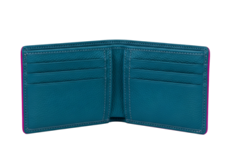 Open turquoise wallet with multiple card slots and a zipper compartment showcasing organized