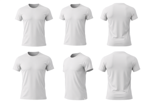 Collection of six realistic white blank t shirts displayed from different angles on a transparent background for design mockups isolated on transparent background