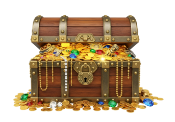 Open wooden treasure chest overflowing with colorful jewelry and gold coins