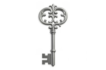 Silver vintage key with transparent background representing security and access