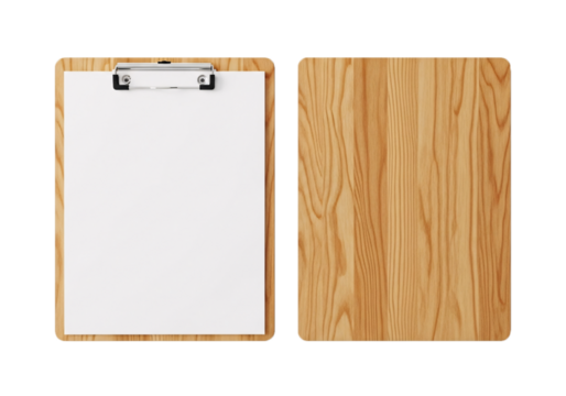 Two wooden clipboards one with a white paper sheet and metal clip isolated on transparent background