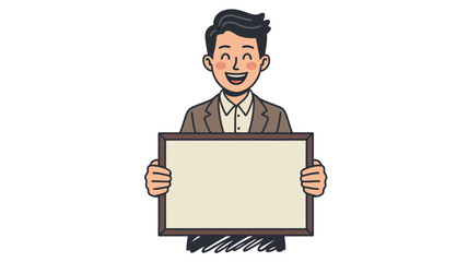 Smiling man holding blank sign board illustration for message announcement and advertising design
