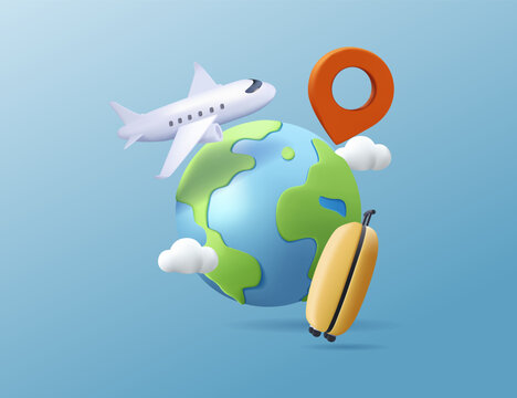 Fototapeta Traveling illustration with essentials, vacation, business trip. 3d Vector of Earth, Red Pin, Airplane and bag luggage, Travel time vector banner design, Time to travel concept
