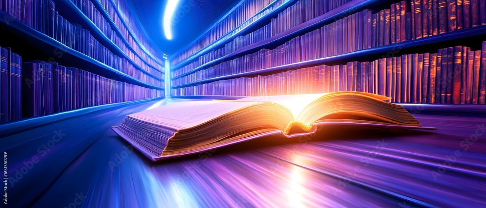 Poster a book is open on a table with a purple background
