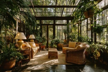 Fototapeta premium Sunlit Indoor Garden Retreat with Sitting Area and Woods View for Relaxed Living