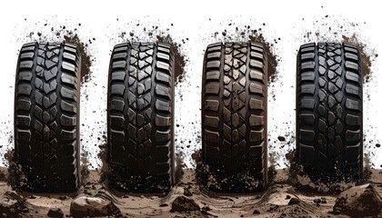 Obraz premium Four tires emerging from a bed of mud.
