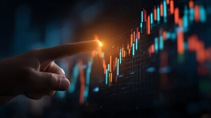 A business professional interacting with stock market data on a digital screen, showcasing financial trends and analytics.