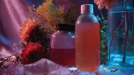Bottled juices with flowers on vibrant setup for healthy drink branding photography lifestyle wellness beverage product visual presentation scene