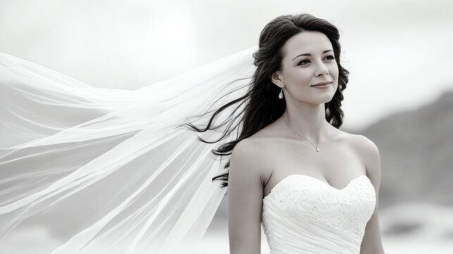 A bride in a stunning white gown stands gracefully with a flowing veil, capturing the essence of love and elegance on her special day.