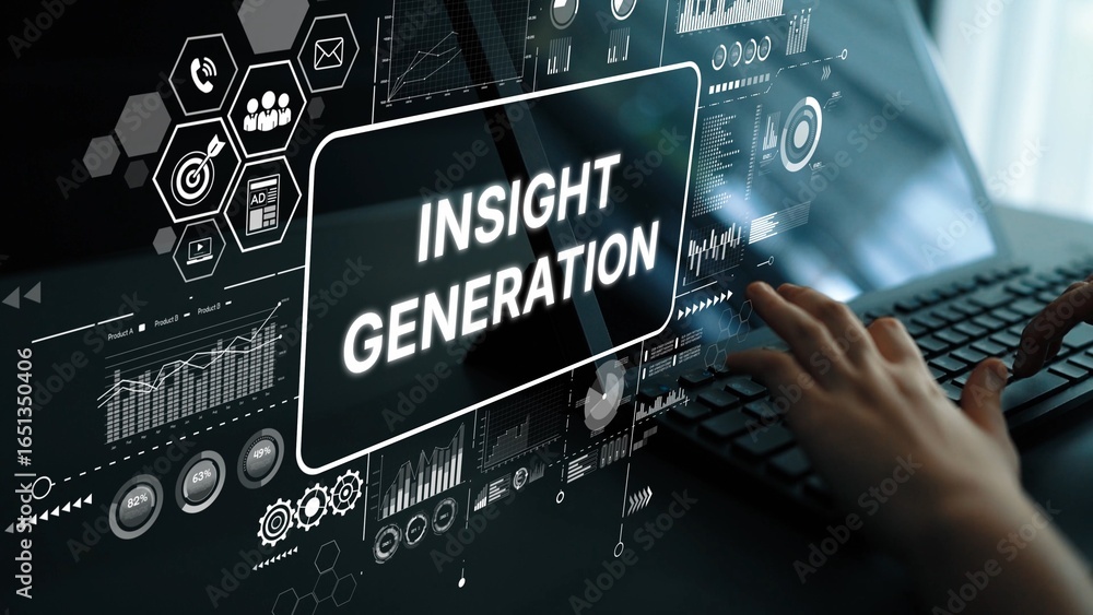 Poster digital concept of data analysis and insight generation with futuristic graphs and charts on a moder
