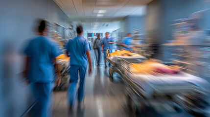 A busy hospital corridor with healthcare professionals attending to patients in a fast-paced medical environment.