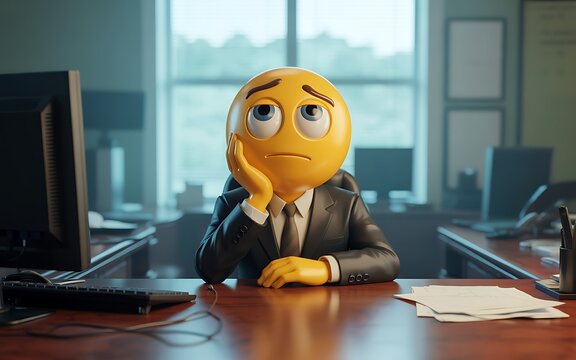 Bored Emoji Businessman Sitting at Desk Looking Tired and Gloomy