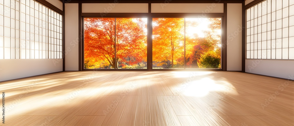 Poster a large room with a window and a tree outside