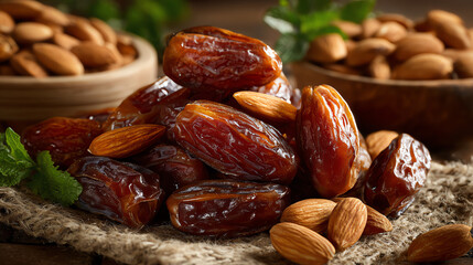 A close-up of fresh dates and almonds, showcasing their rich textures and colors, perfect for healthy snack ideas and recipes.