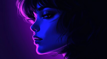 Fototapeta premium Create a dramatic 80s-90s retro anime portrait of a woman in deep shadows. The stark background, blue, purple, and black hues, and chiaroscuro lighting enhance her emotional intensity, with a bobcut h