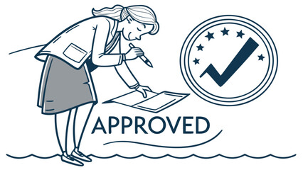 Obraz premium Approved stamp with woman signing document for validation confirmation and official approval illustration 