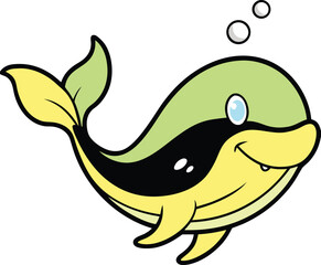 Cute Cartoon Whale Jumping Out of Water with Happy Expression on White Background