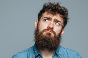 Obraz premium Pensive Boy: Caucasian Youth with Beard Expressing Doubtful Thoughts Against a Soft Background