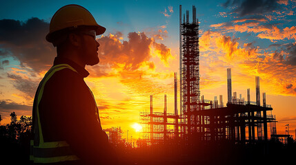 A construction worker observes a building site at sunset, highlighting the blend of hard work and nature's beauty.