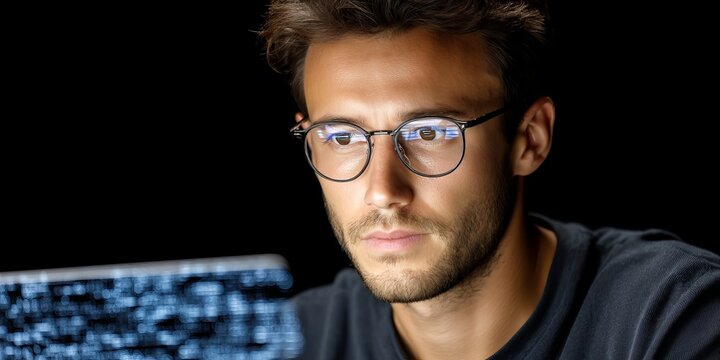 Close-Up of a Young Man in Glasses Working on a Holographic Code Editor Against a Dark Background