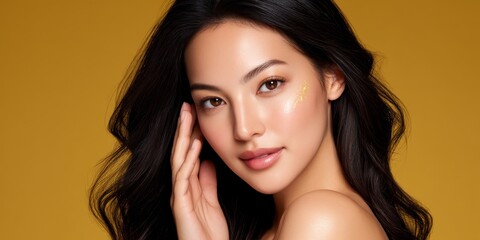 Naklejka premium Close-up of Flawless Woman Applying Skincare Product with Golden Hue on Cheek Against Yellow Background