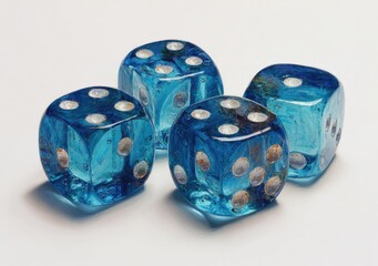 Four translucent, light-blue dice with white pips