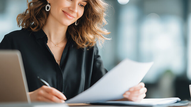 A focused woman reviews documents in a modern workspace, highlighting professionalism and productivity in a corporate setting.