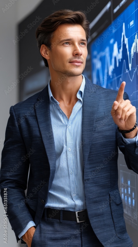 Poster businessman analyzing predictive sales trends using digital data in a modern office space