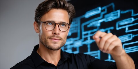 Business Strategist Analyzing Holographic Customer Journey Display in Modern Workspace