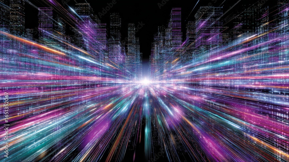 Poster digital information streams racing through a vibrant neon landscape creating a sense of speed and te