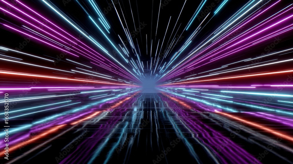 Poster digital light streams racing through a neon tunnel creating a futuristic space with reflections