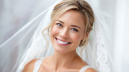 A joyful bride smiling in her wedding dress, radiating happiness and love, captured in a beautiful, soft-lit setting.