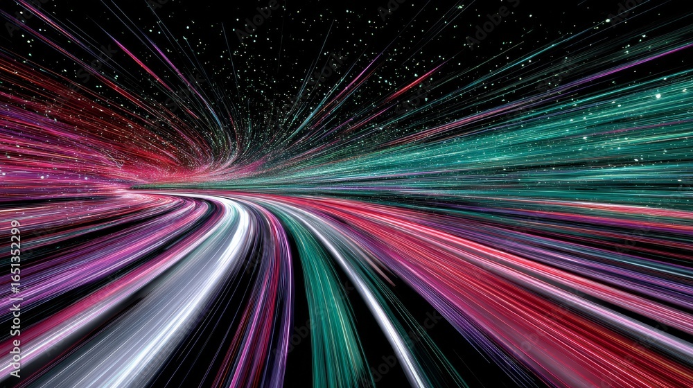Poster futuristic digital landscape with flowing data packets in dynamic motion and vibrant colors