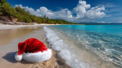 Santa Hat on Sandy Beach with Ocean Waves under Bright Blue Sky and Fluffy Clouds