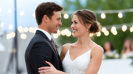 A joyous couple embraces during their wedding celebration, surrounded by soft lights, capturing a heartfelt moment of love and connection.