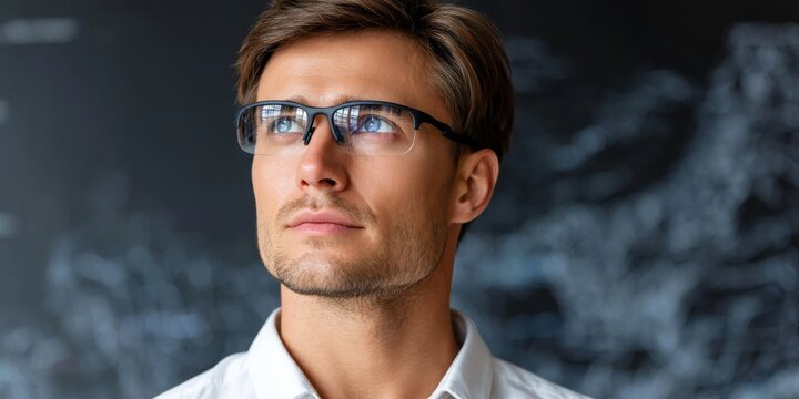 Focused Young Man in Glasses Contemplating Innovative Ideas in Front of a Holographic Display in a Modern Office Environment