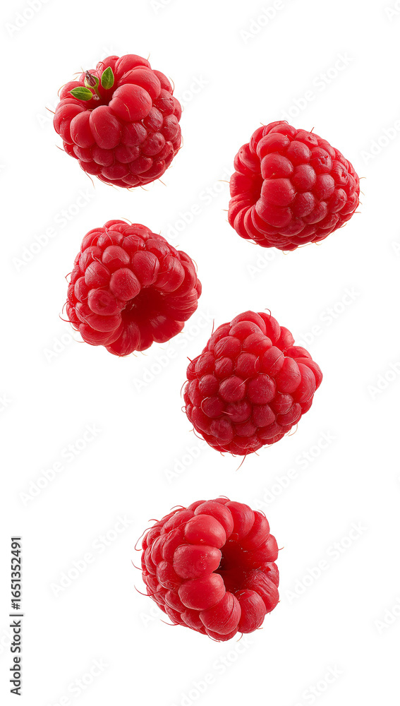 Poster floating raspberries against a smooth backdrop with an isolated transparent background for