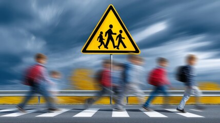 School Children Crossing Road Under Stormy Sky with Pedestrian Caution Sign