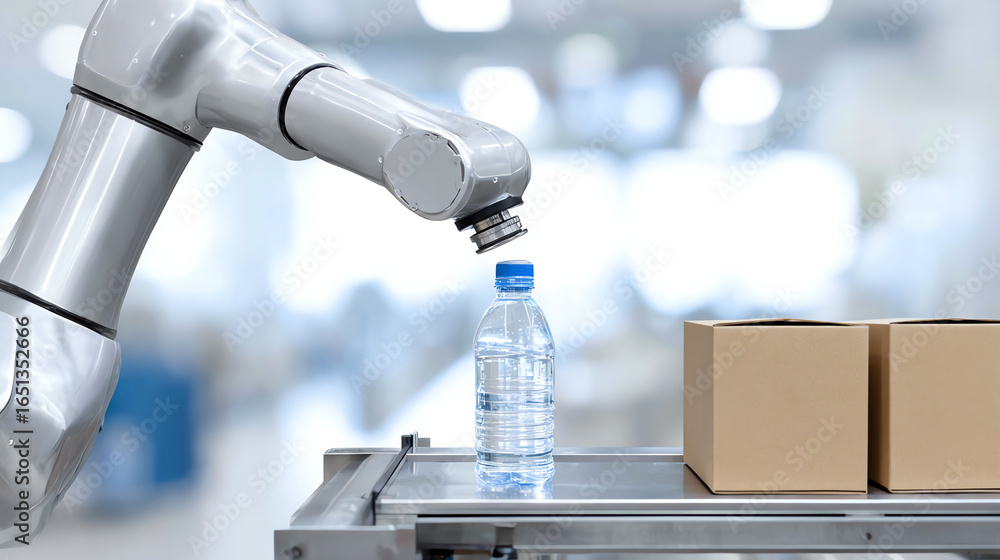 Poster a robotic arm efficiently handles a bottle in a modern warehouse setting, showcasing automation in p