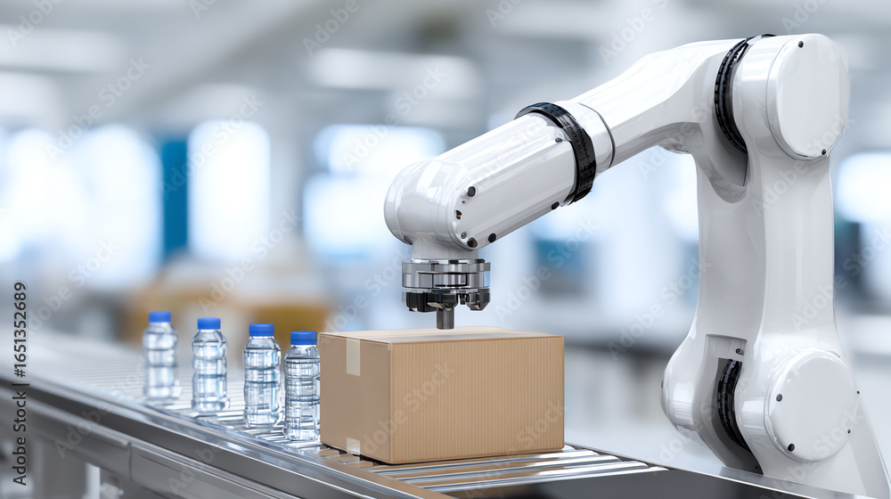 Poster a robotic arm packaging bottles in an automated factory setting, showcasing advanced technology in m