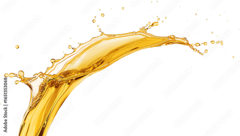 Poster golden liquid surge dynamically captured against isolated transparent setting, demonstrating