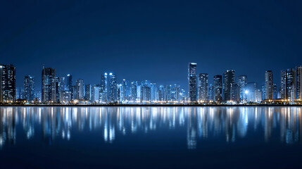 Fototapeta premium A stunning city skyline at night, illuminated by bright lights reflecting on the water, showcasing urban beauty and modern architecture.