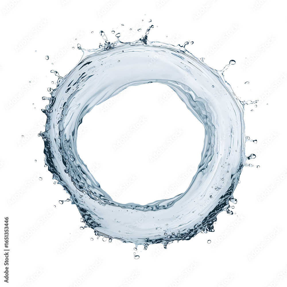 Poster water ring bursting forth creating a circular splash on a clear isolated canvas, offering purity